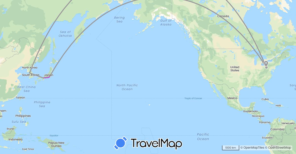 TravelMap itinerary: driving, plane, train in Japan, South Korea, United States (Asia, North America)